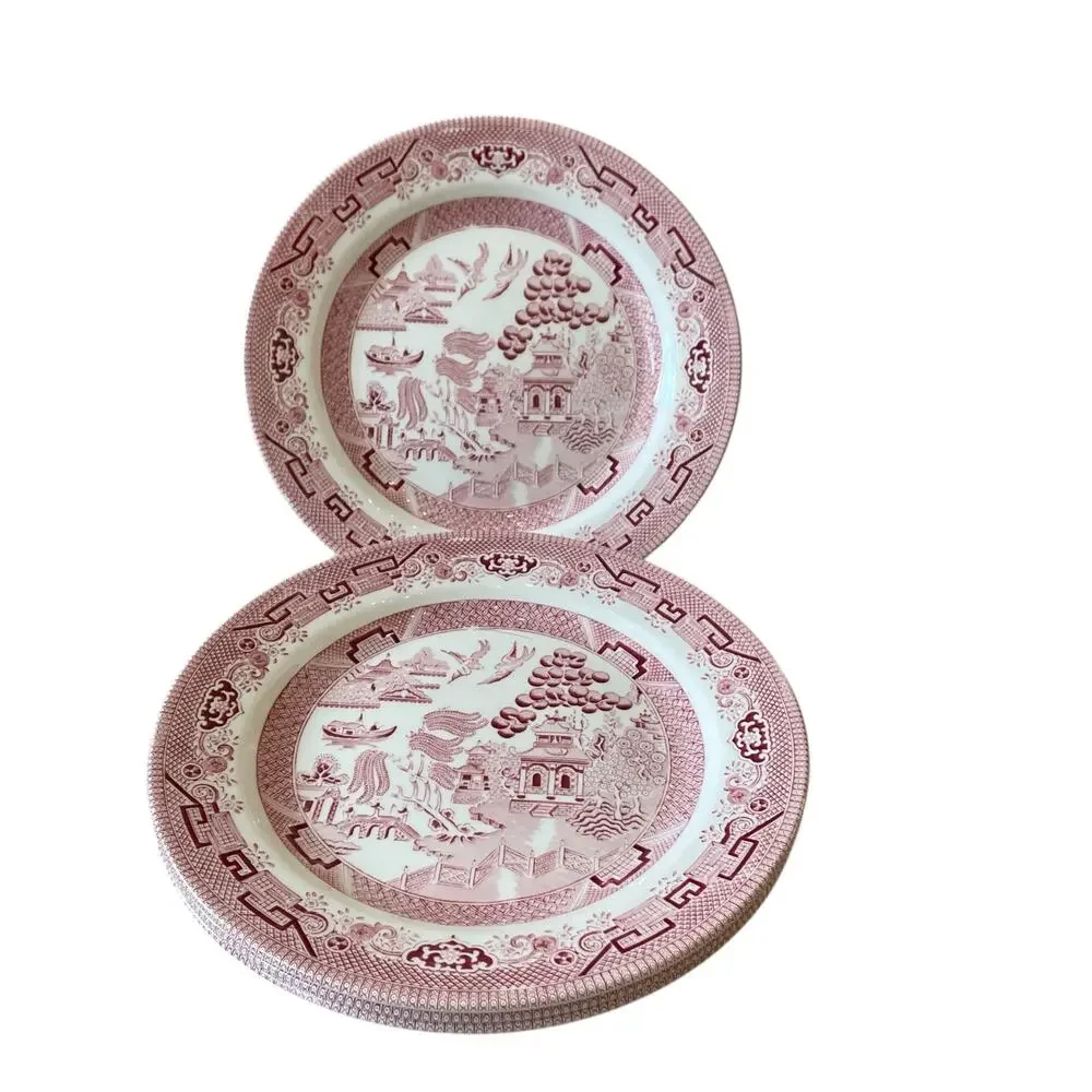 Queen's England WILLOW ROSA Porcelain Dinner Plates 10in Red White Set of 4 New